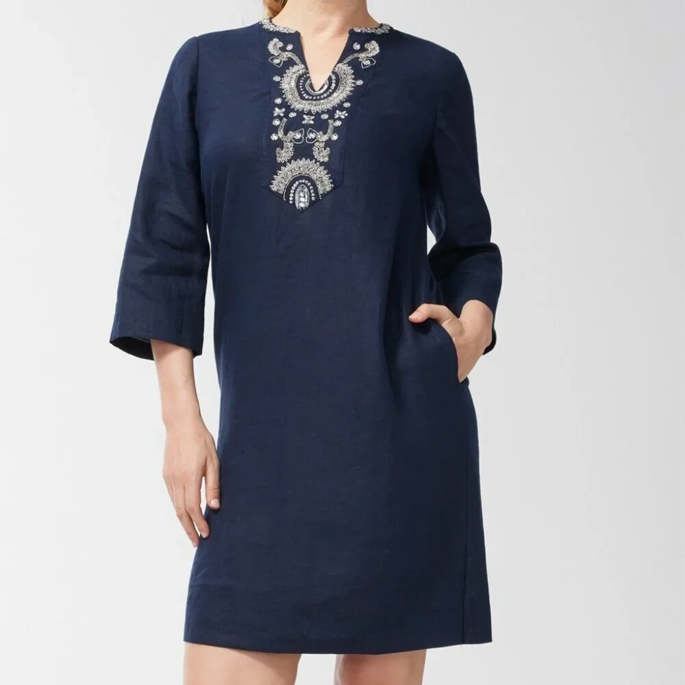 Chico's Linen Embellished Navy Tunic Dress Sz 2.0 (US 12) - Picture 1 of 3